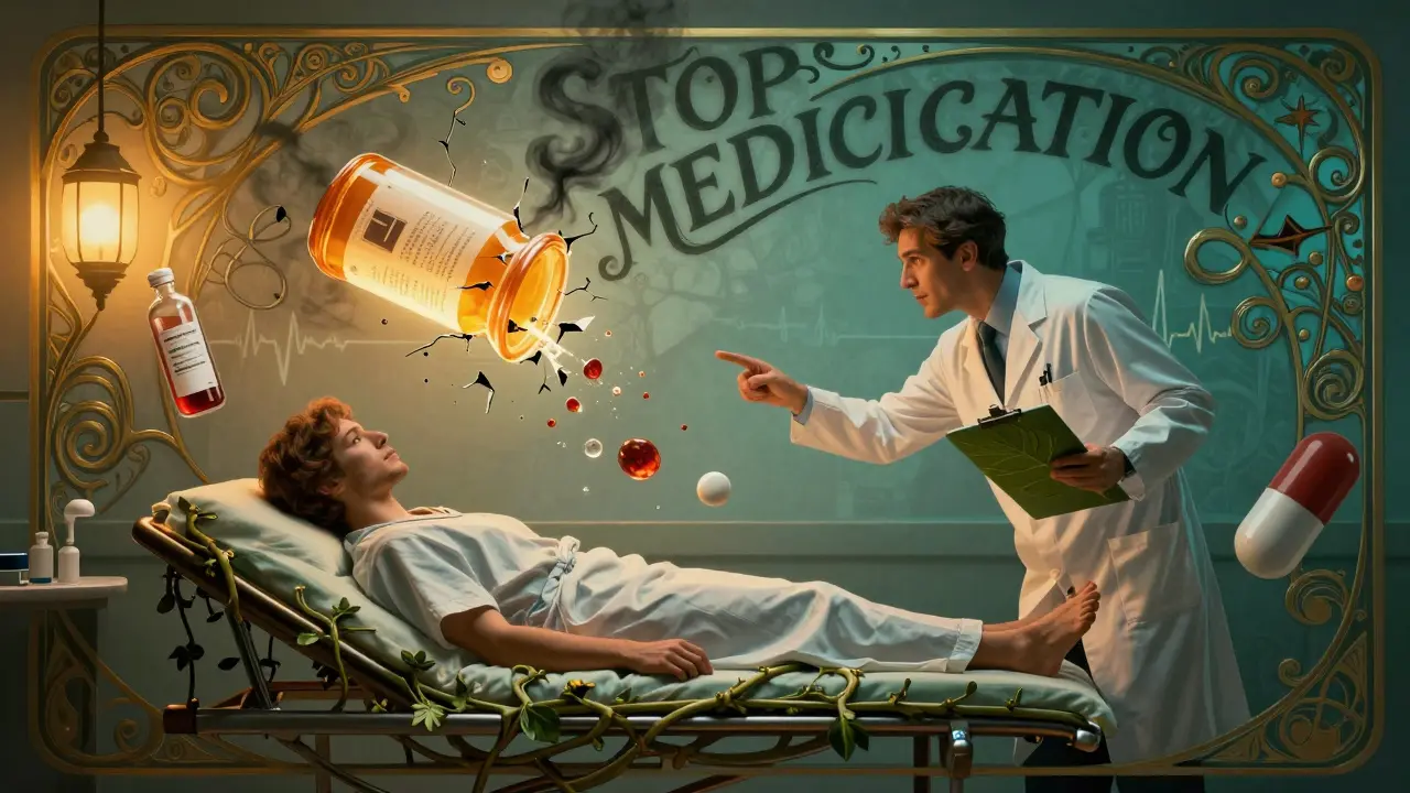 An emergency room scene with a doctor and patient, medical icons transforming into ornate Art Nouveau patterns.