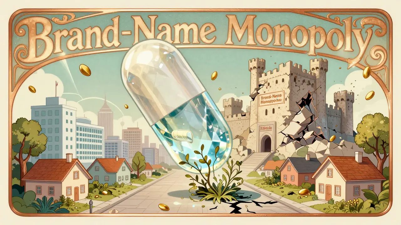 Biosimilar pill descending like an angel, collapsing a brand-name monopoly fortress, with healing vines spreading below.