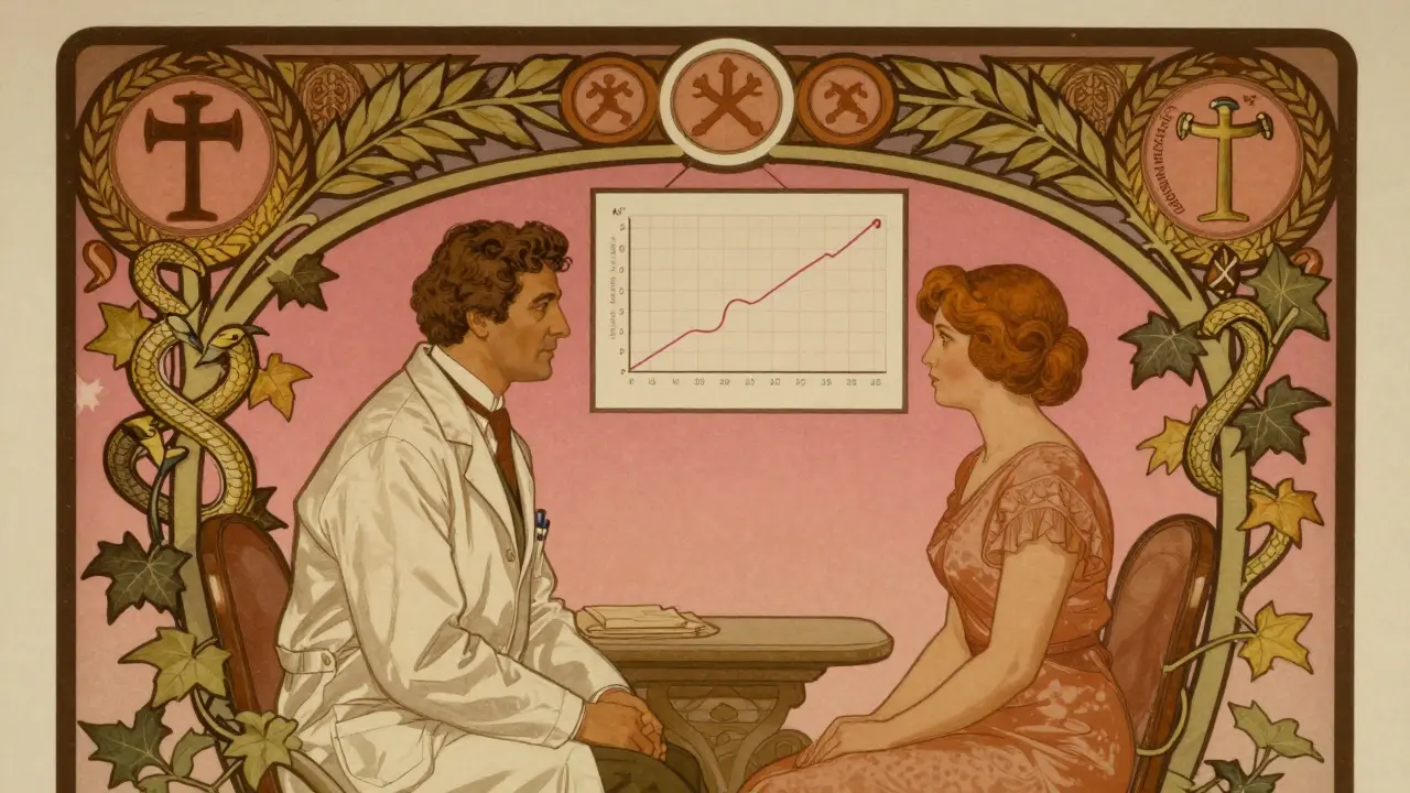 Doctor and patient sit under a canopy of medical symbols, with a calm graph above in vintage poster style.