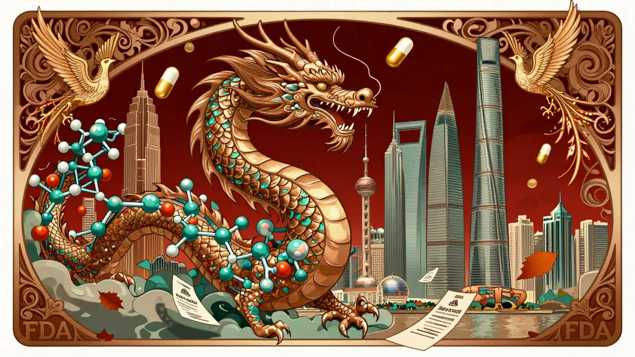 Dragon made of pharmaceutical molecules rising over Chinese factories, with FDA warnings fluttering below in ornate Art Nouveau style.