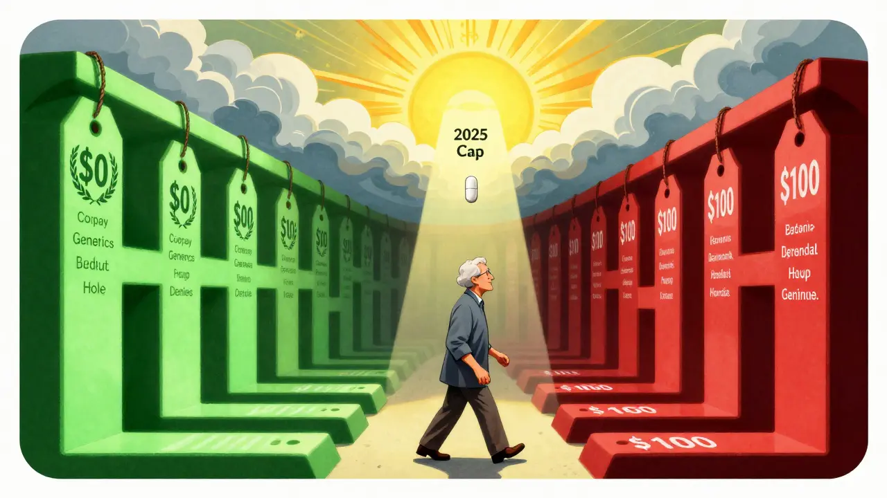 Elderly person walking through a labyrinthine Donut Hole tunnel, path of green generics glowing toward a sunlit cap symbol.