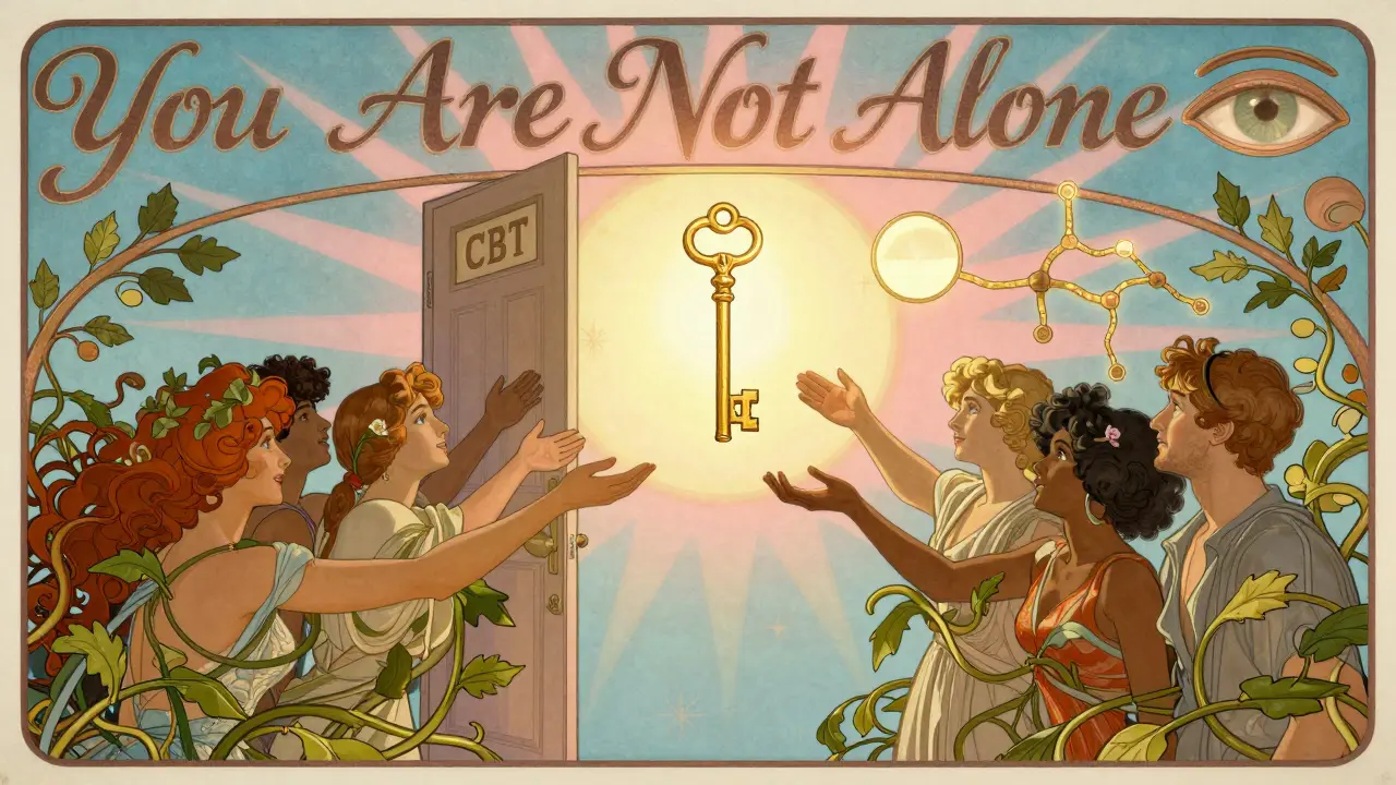 Golden key above a door labeled 'CBT' with people reaching toward it, surrounded by calming symbols.