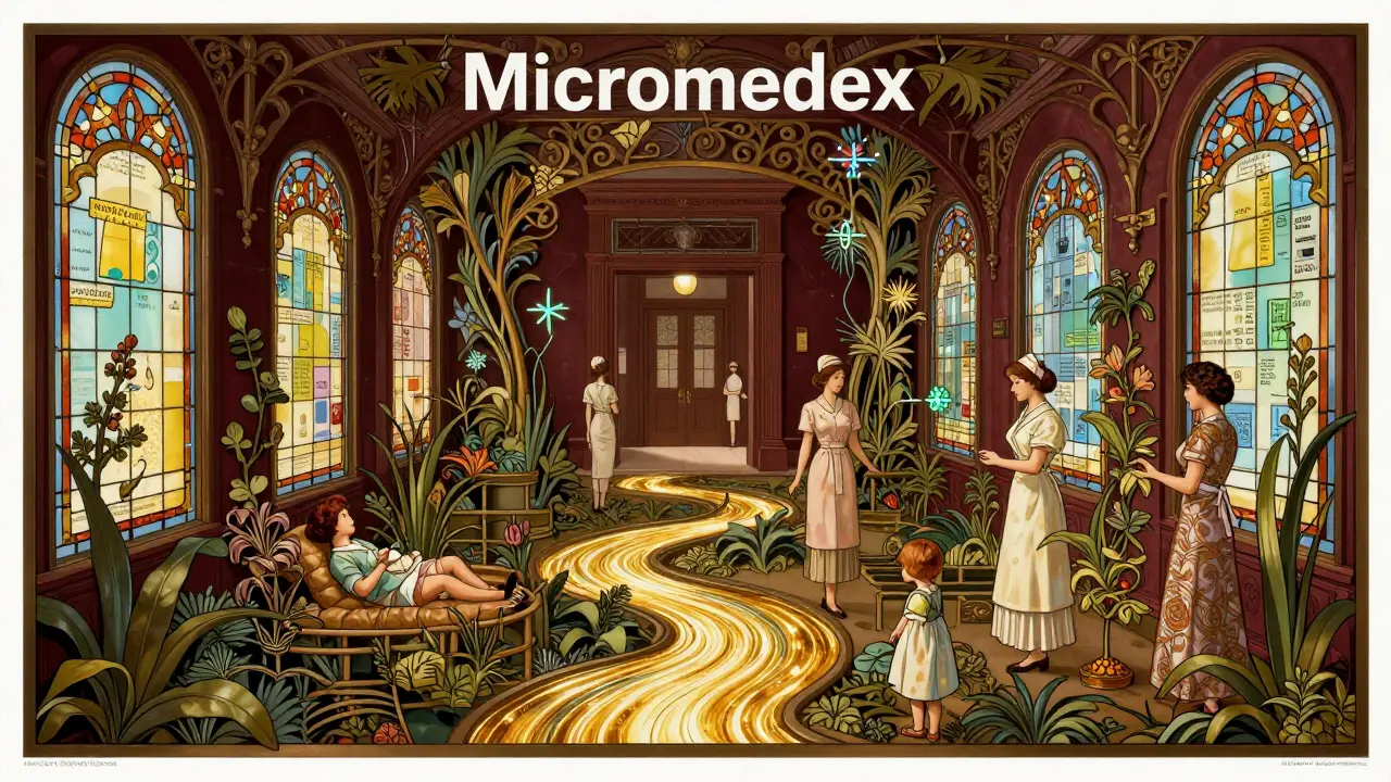 Hospital hallway with golden data streams and medicinal vines in Art Nouveau design