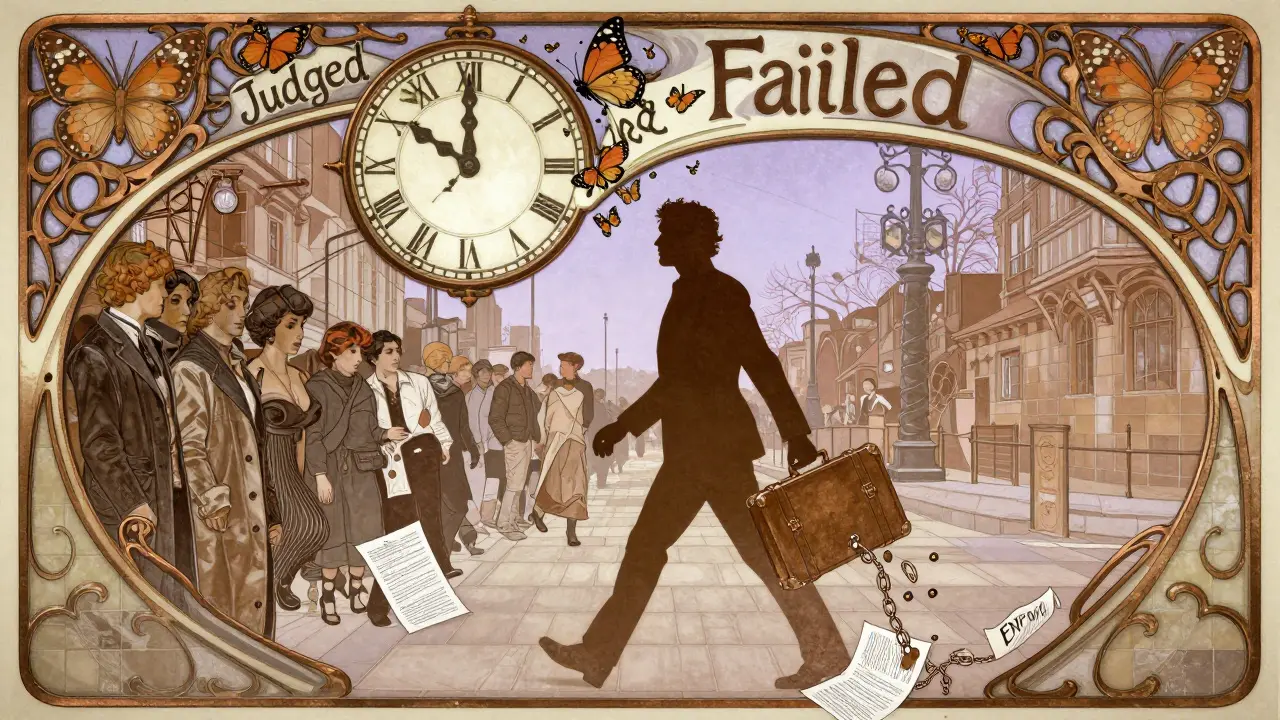 Man frozen in a busy street, surrounded by ghostly faces and a melting clock, Art Nouveau style.