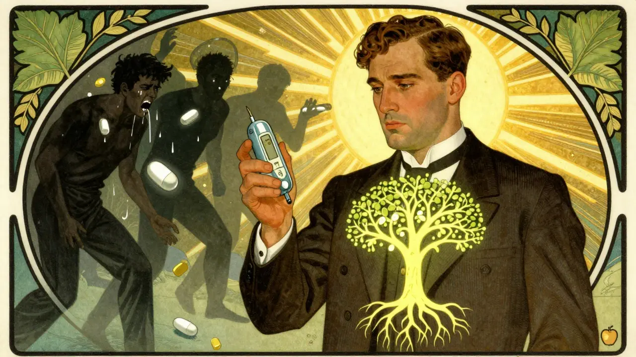 Man with glucose meter surrounded by shadows of hypoglycemia, protected by a glowing insulin tree.