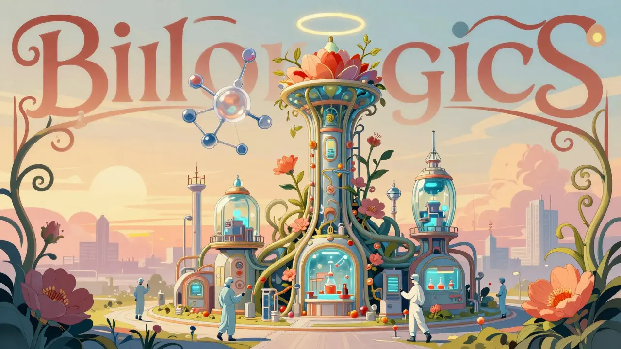 Modular biologics factory shaped like a floral tower, with data tendrils and partial molecular structures glowing in soft light.