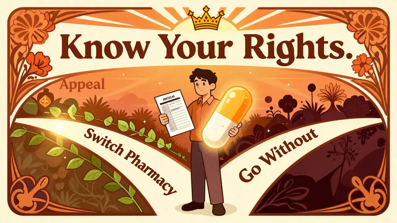 Patient at a crossroads with paths to appeal, switch pharmacy, or go without, guided by a glowing pill and Medicaid sun.
