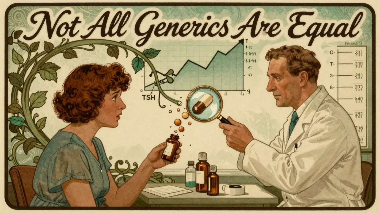Pharmacist and patient examining a dissolving pill illustration with rising TSH and blood pressure graphs in Art Nouveau style.