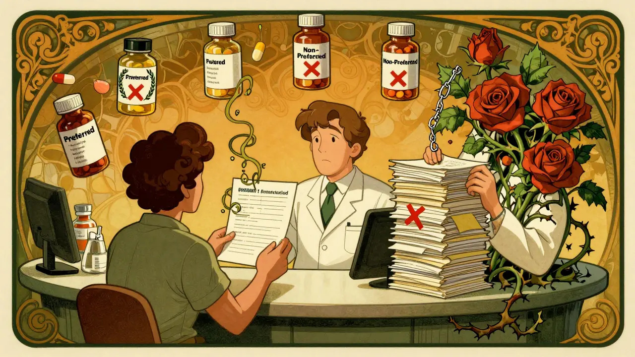 Pharmacist at an ornate counter surrounded by labeled pill bottles, some accepted and some denied with vines and chains.