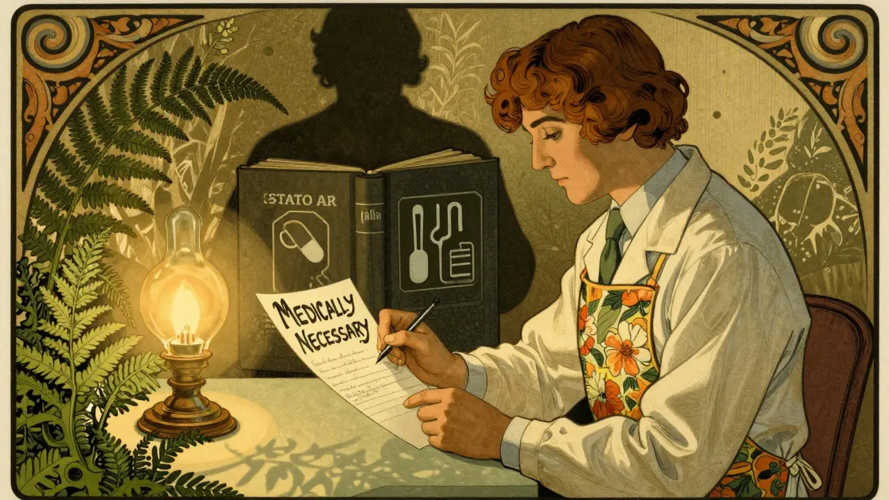 Pharmacist examining a prescription marked 'MEDICALLY NECESSARY' amid swirling Art Nouveau legal symbols.