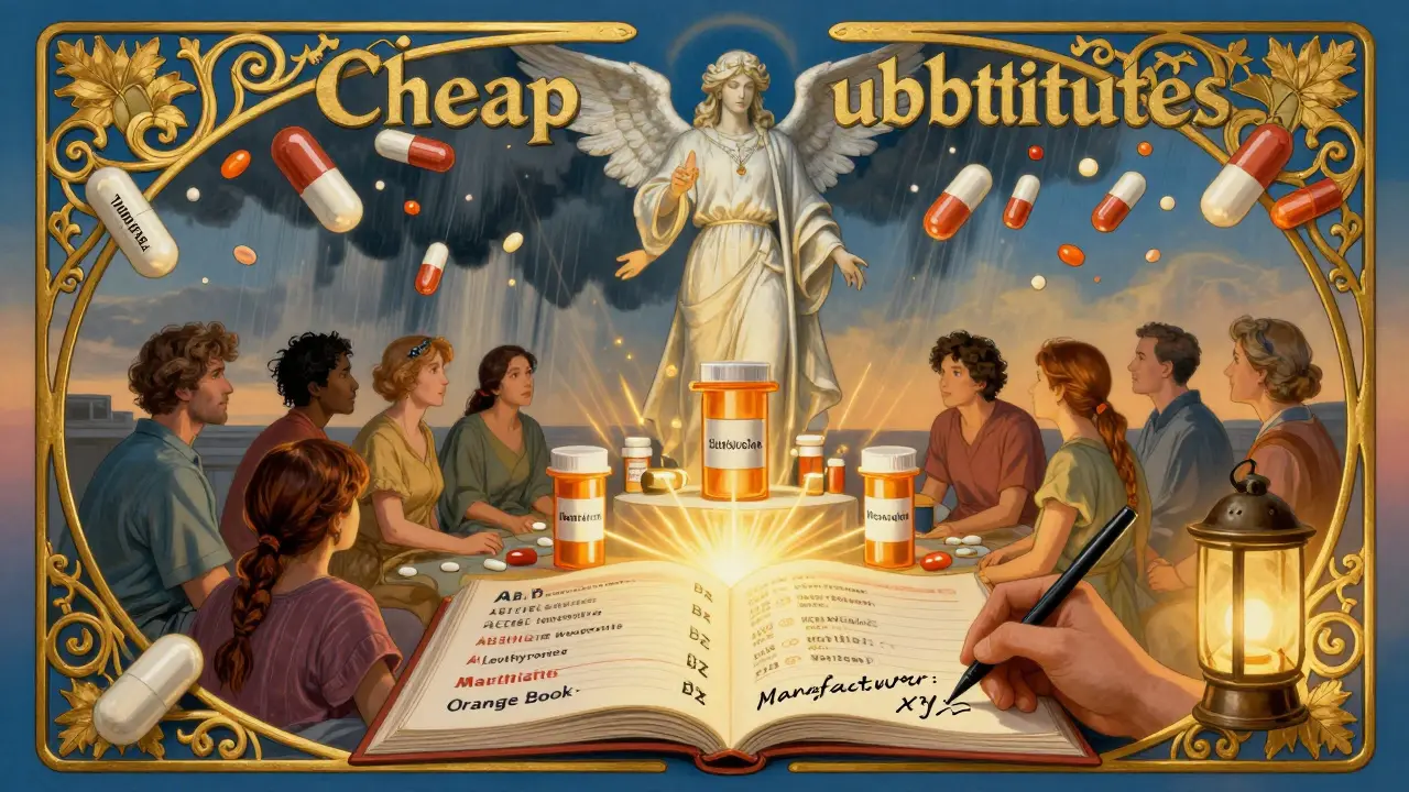 Pharmacist shielding patients from chaotic pills, FDA Orange Book glowing with AB and BX codes, golden filigree details.