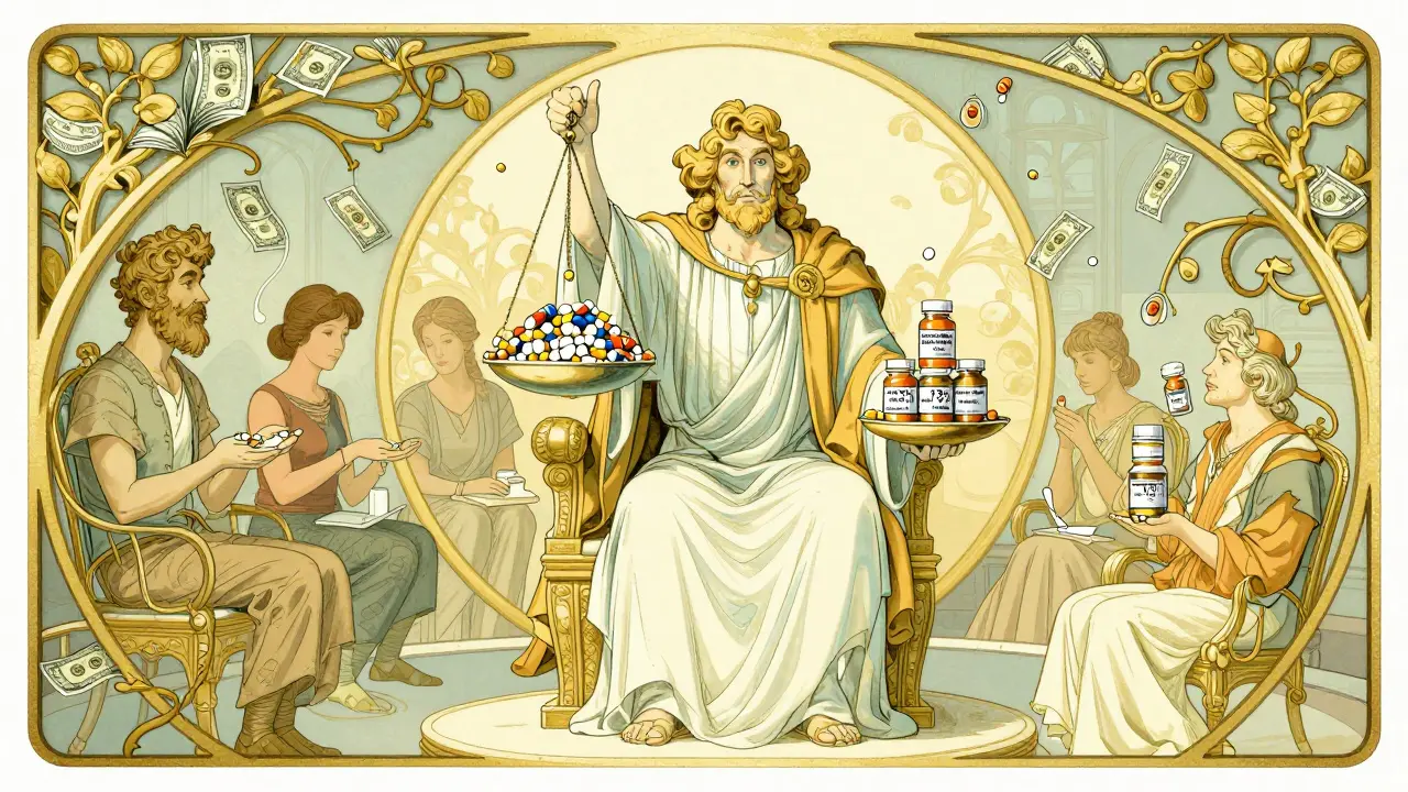 Regal figure balancing scale with generics on one side and brand drugs on the other, surrounded by patients receiving pills from vine-dollar vines.