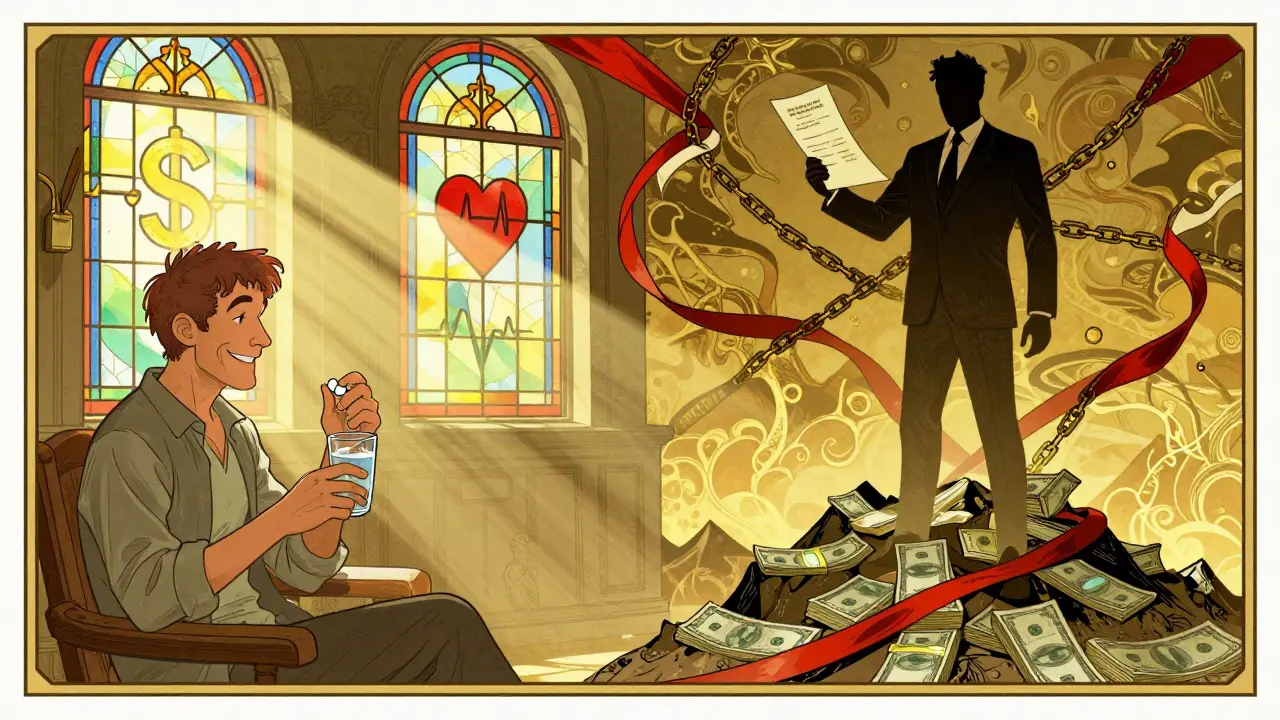 Split scene: patient taking generic pill in sunlight vs. executive atop cash mountain, representing drug pricing inequality.