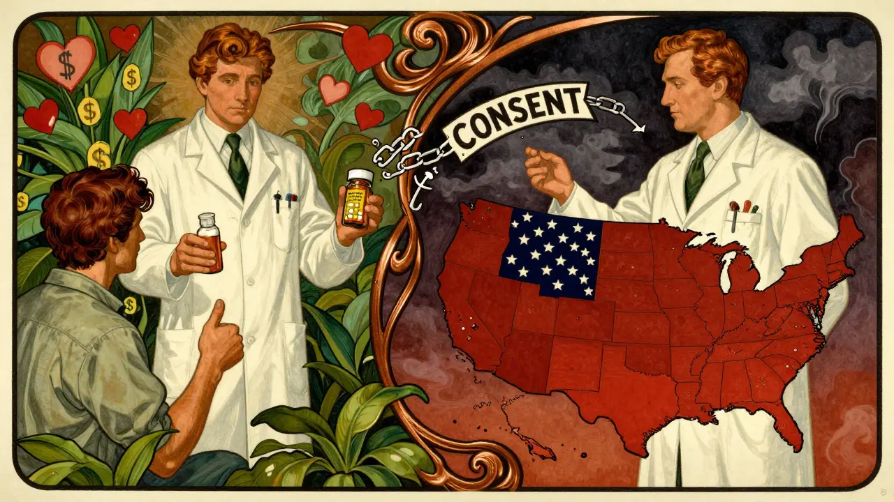Split scene: pharmacist happily dispensing generics on one side, legal chaos on the other, in Art Nouveau illustration.