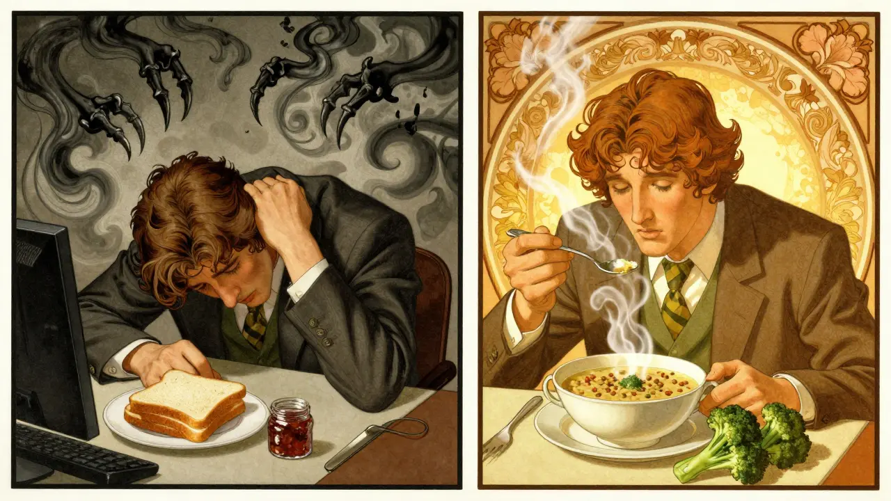 Split scene: tired worker with junk food vs. energized person eating lentils and broccoli, with swirling light and vines.