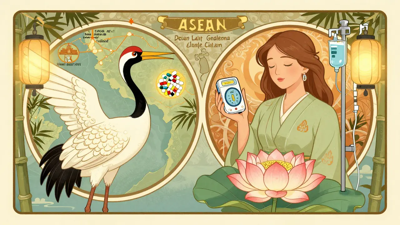 Vietnam as a crane with antibiotic components and Cambodia as a lotus holding medical devices, surrounded by ASEAN trade motifs.