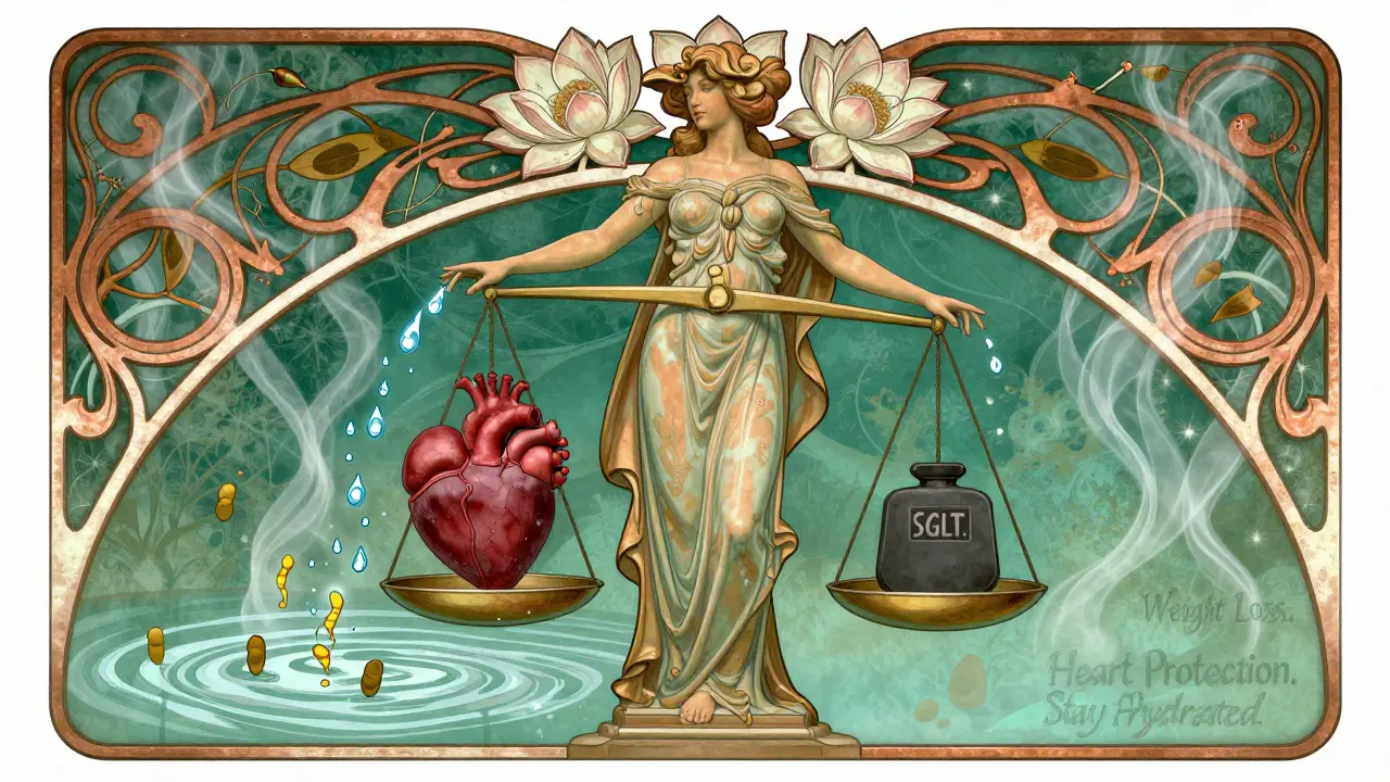 Woman balancing heart, kidney, and weight symbols with SGLT2 and GLP-1 drugs as water and flowers.