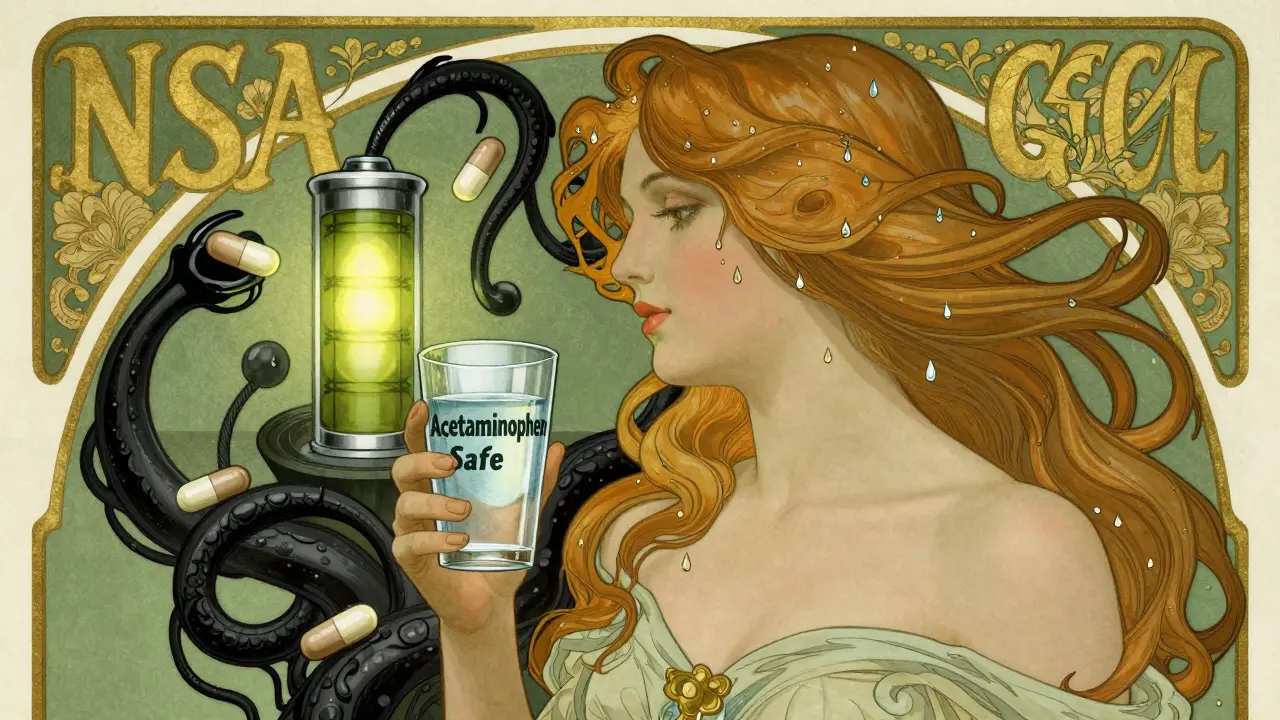 Woman with water-hair holds safe acetaminophen, while NSAID tendrils coil around a lithium battery symbol.