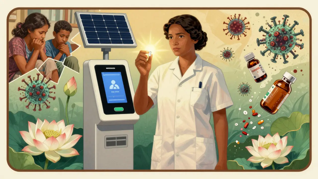 A community health worker holds a real pill that glows with healing light, surrounded by symbols of crisis and hope.