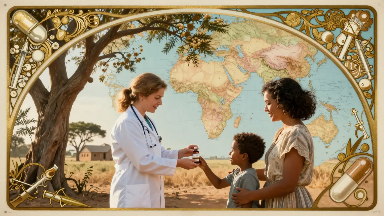 A health worker gives child-friendly medicine to a mother in a rural clinic under flowering trees.