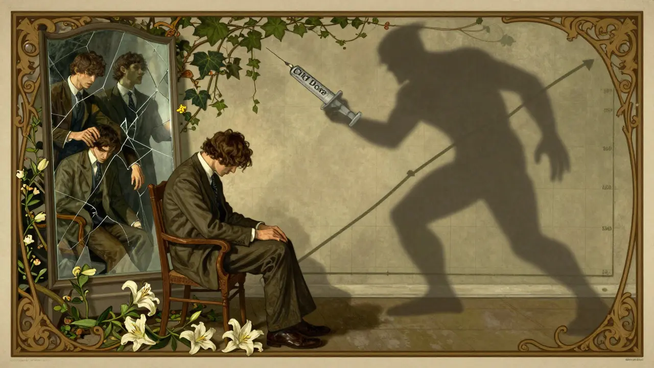 A man's shadow becomes a syringe-wielding monster, with a shattered mirror showing three versions of himself.
