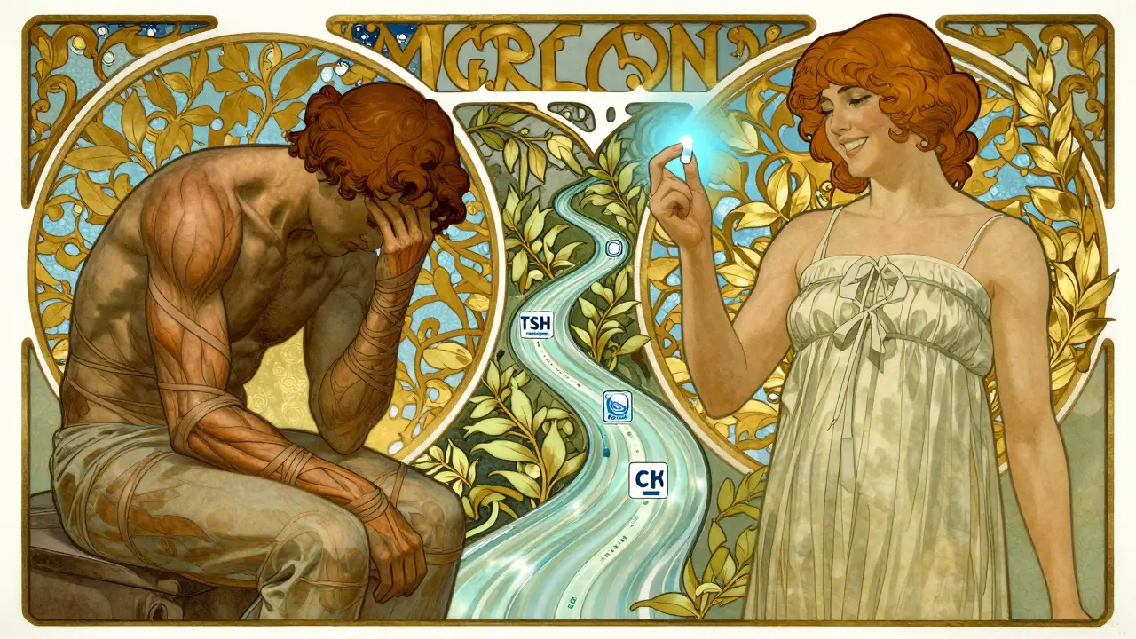 A patient transforms from pained to healthy, flanked by medical test icons in swirling Art Nouveau design.