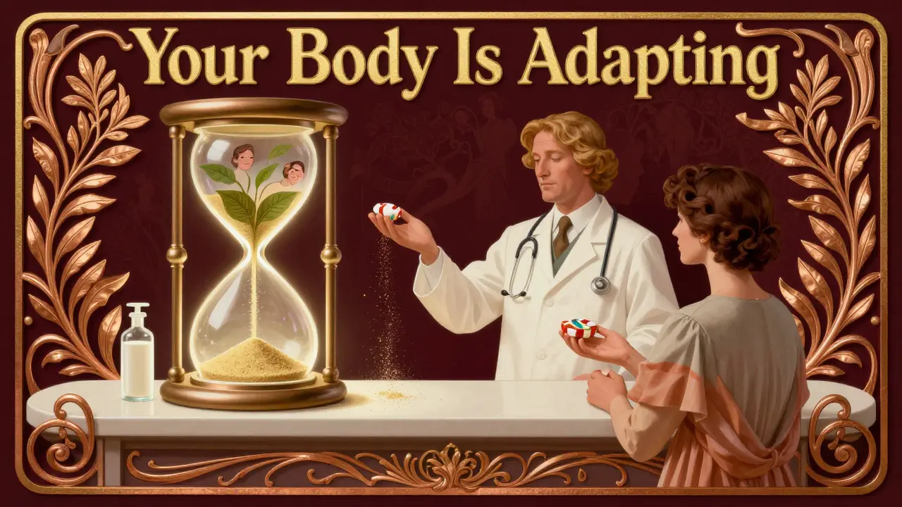A pharmacist offers candy to a patient as an hourglass transforms into leaves, symbolizing adaptation.