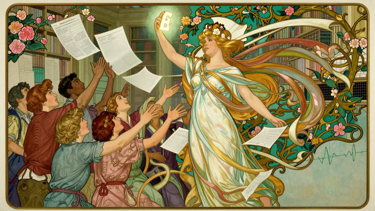 A physician lifts a medical letter as documents swirl like ribbons, patients reach toward her, with insurance forms turning into vines in Art Nouveau style.
