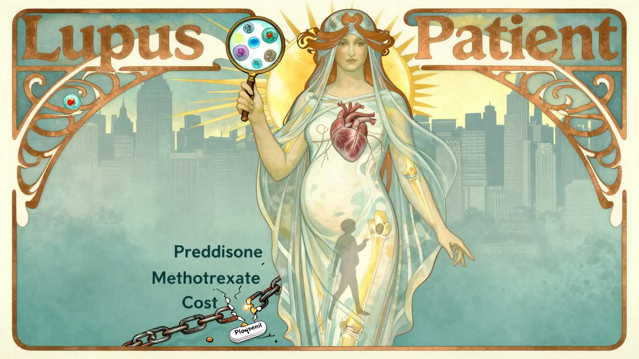 A radiant figure stands tall, holding a pill as broken medication chains lie at her feet, symbolizing relief.