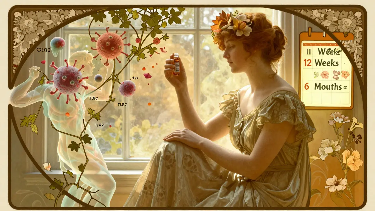 A woman at a sunlit window holds a hydroxychloroquine vial as inflammatory cells dissolve into petals.