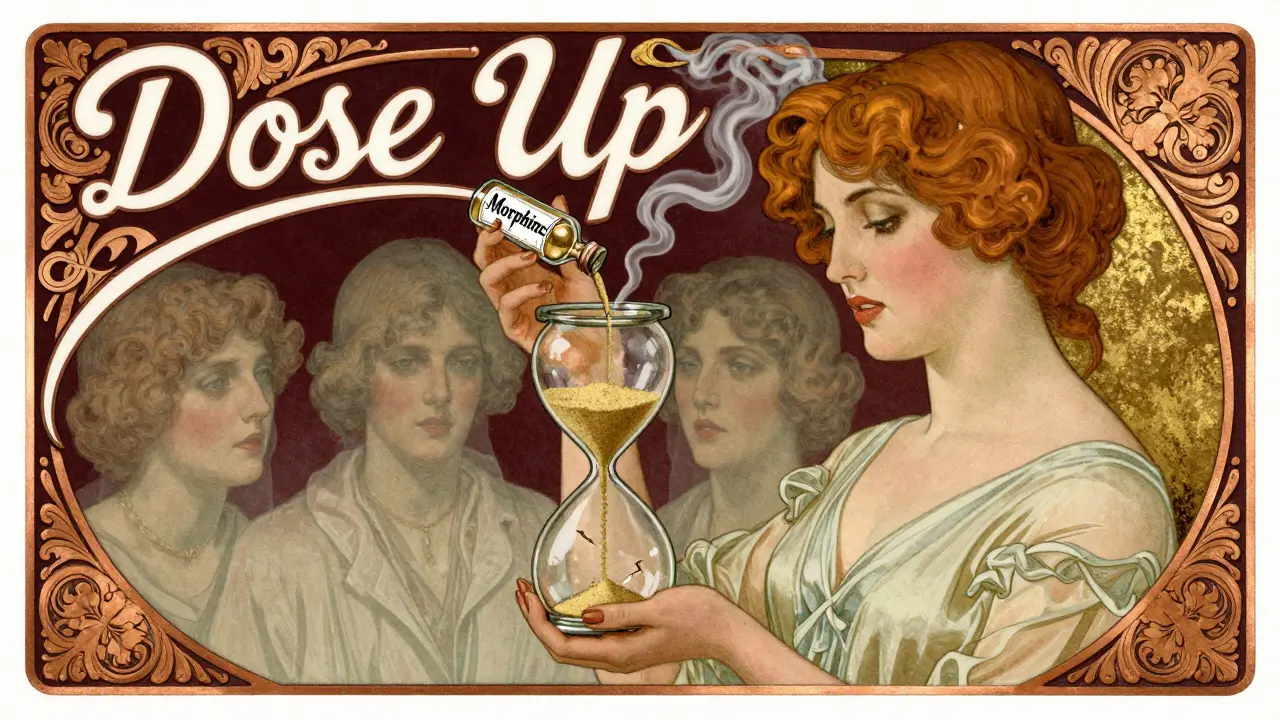 A woman holding an empty morphine vial as sand flows backward in an hourglass, framed by ornate copper details.