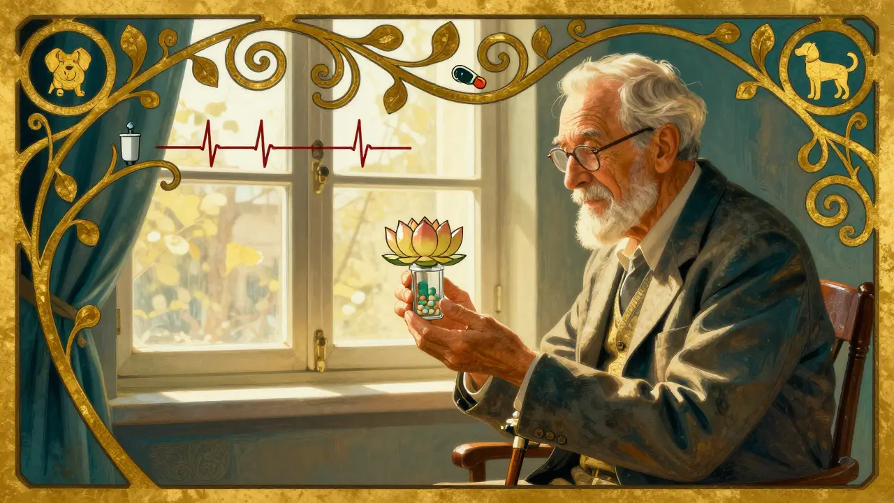 An elderly man with a lotus-shaped pill dispenser, surrounded by vines showing his daily health milestones.