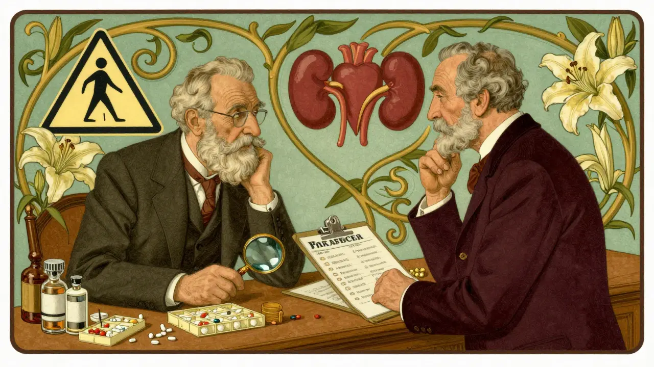An older man and pharmacist discussing medications in a vintage apothecary, with pill organizers and magnifying glass on the counter.
