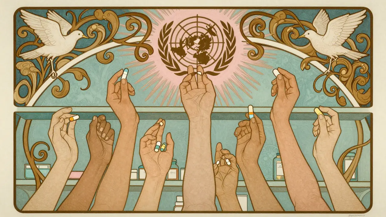 Diverse hands reaching for life-saving generic pills beneath a glowing WHO emblem.