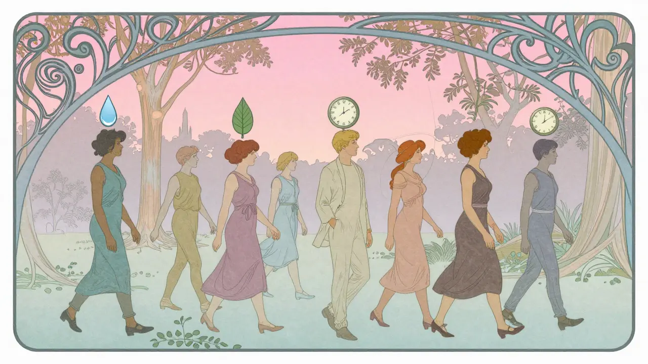 Diverse people walk through a park with symbolic icons above them for medication side effect tips.