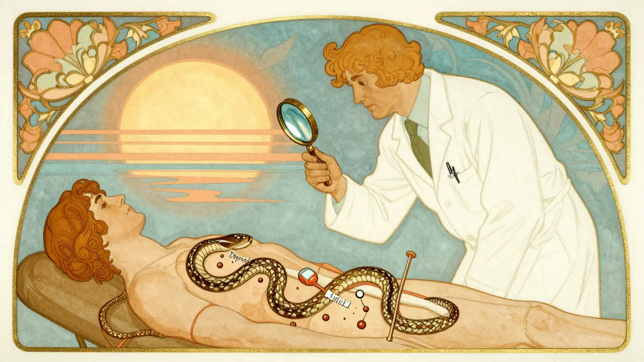 Doctor using magnifying glass to reveal intertwined diabetes and thyroid systems in ornate medical poster.
