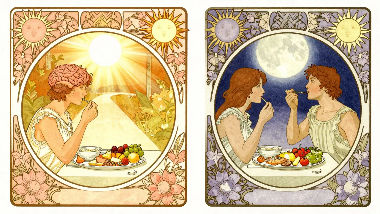Dual scene of daytime low-protein meal and evening protein with clear pathways