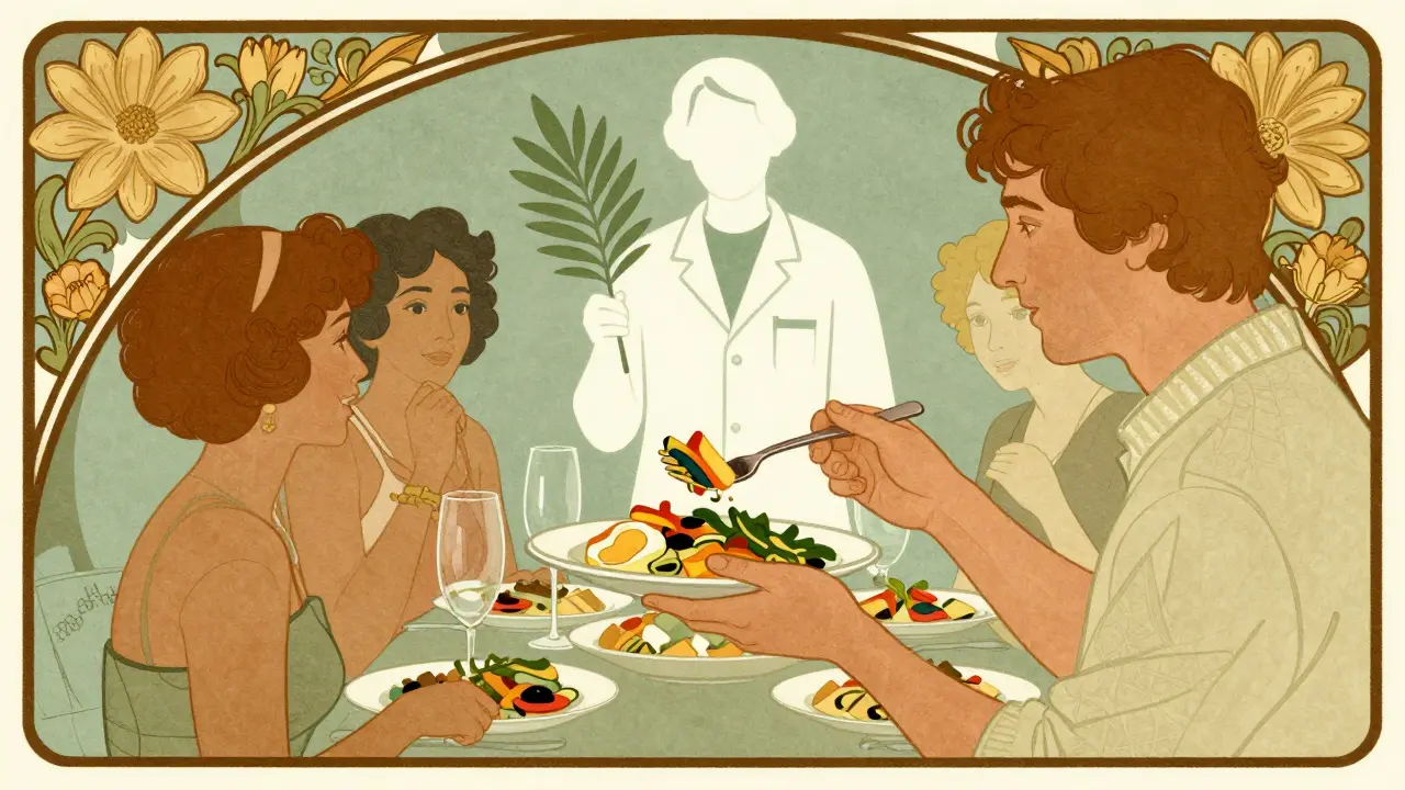 Person enjoying low-protein meal with friends and dietitian support