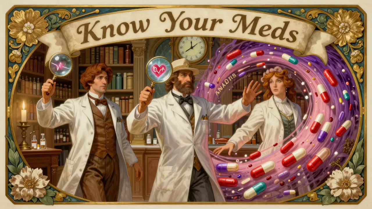 Pharmacists blocking a storm of psychiatric pills in an ornate library with a warning clock and glowing heart.