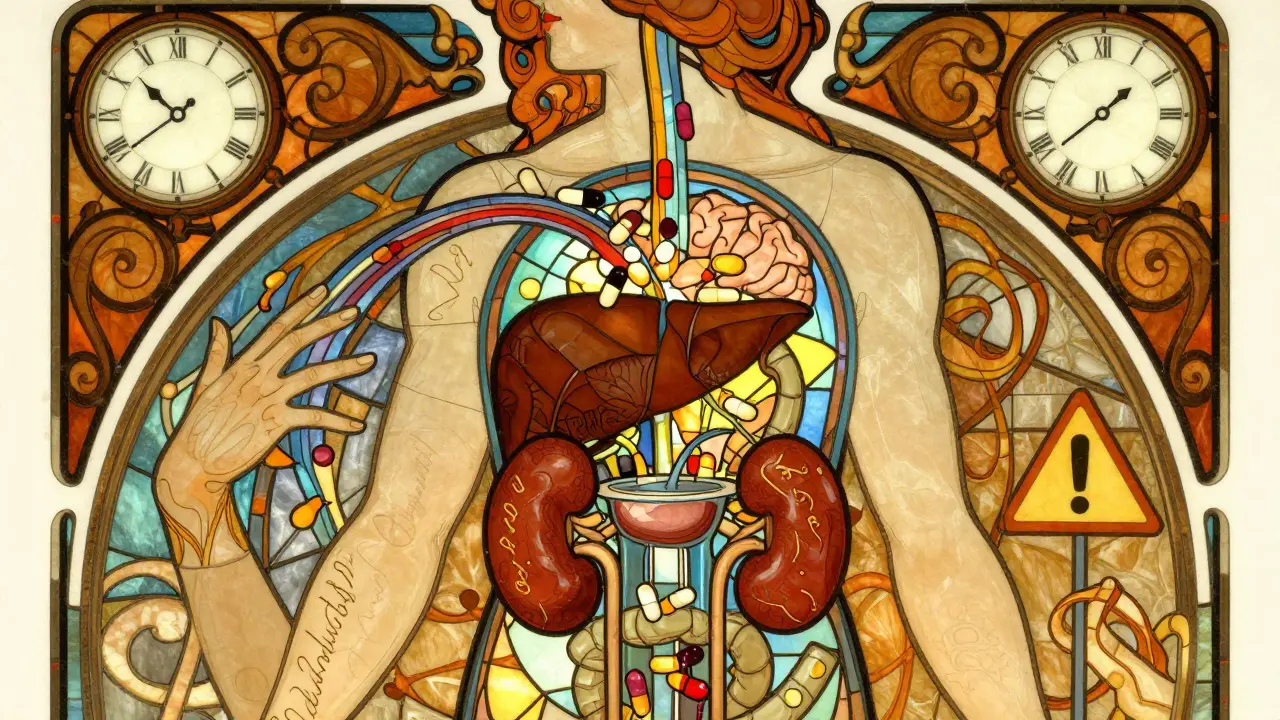 Stylized human body with glowing organs, colored pills flowing through them, surrounded by ornate Art Nouveau scrollwork and warning symbols.