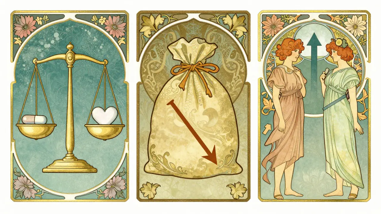 Three vignettes showing balance scale, money bag, and adherence arrows with floral borders