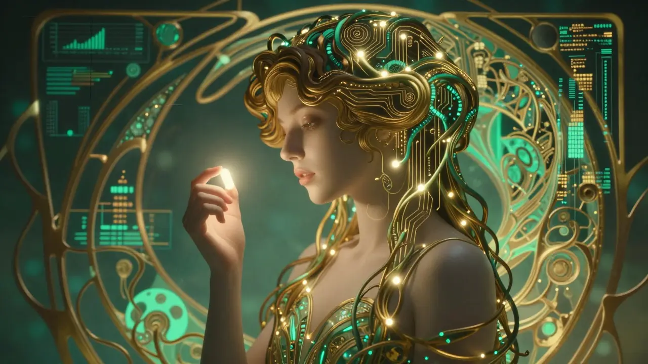 Woman with data vines in hair holding glowing pill surrounded by organic AI patterns