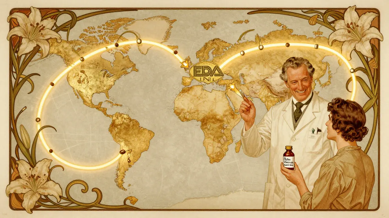 A global map of pill supply chains flows into an FDA seal, with pharmacists and patients in Art Nouveau style, symbolizing worldwide quality and affordability.