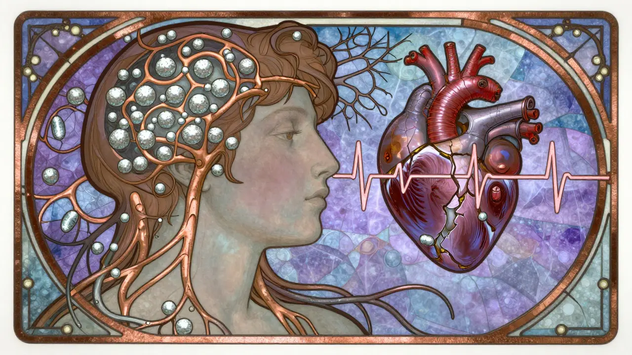 A human head with glowing nerve pathways under attack, rendered in Art Nouveau stained-glass aesthetic.