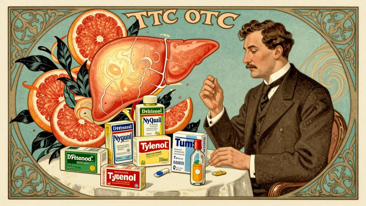 A man surrounded by OTC medications, with a glowing cracked liver rising above them as a warning symbol.