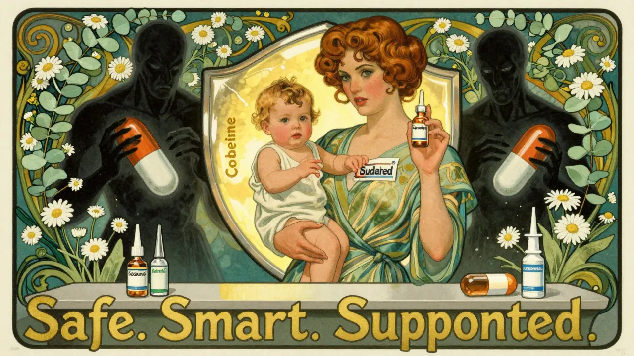 A mother choosing safe medications at a pharmacy, shielded from dangerous pills by a glowing symbol of safety.