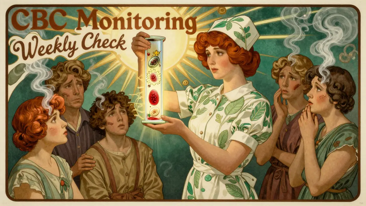 A nurse holds a glowing test tube revealing blood cells, surrounded by worried patients, with a radiant 'CBC Monitoring' sunburst above.