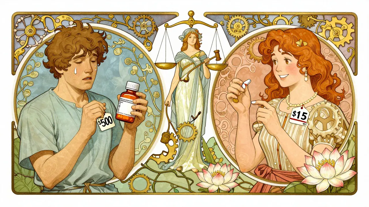 A patient comparing expensive branded medicine to affordable generic, framed by Hatch-Waxman Act symbols.