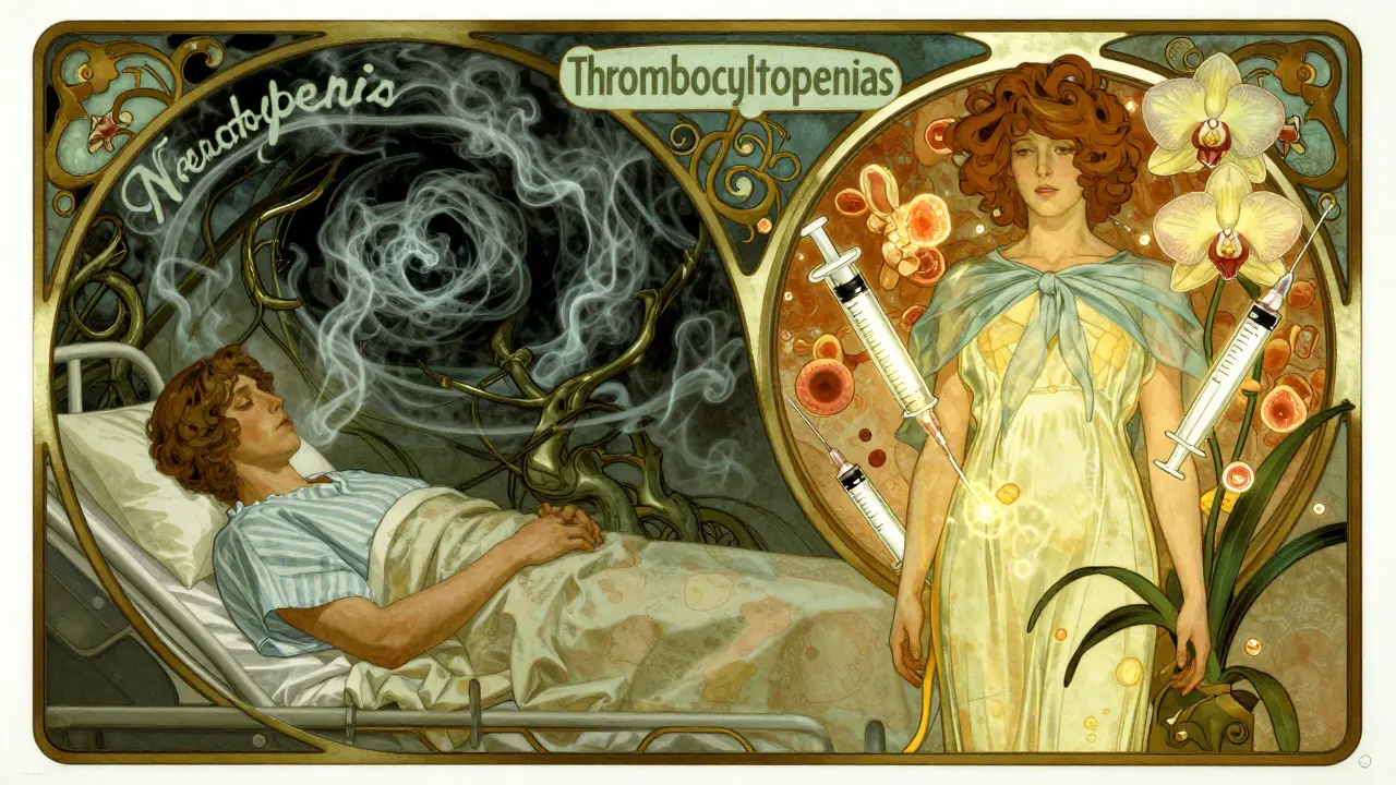 A patient in hospital gown contrasts with dark shadows of low blood counts on one side and glowing treatments blooming like flowers on the other.