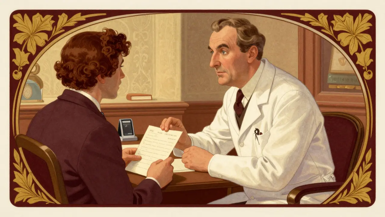 A patient speaking with a doctor in a vintage medical office setting.